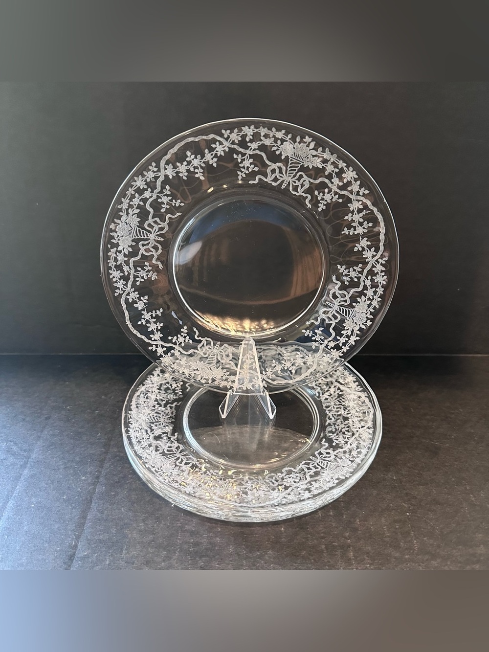 Fostoria CORSAGE Set of 4 Clear Etch #325 Salad Plates 7 5/8" UV Manganese Glow